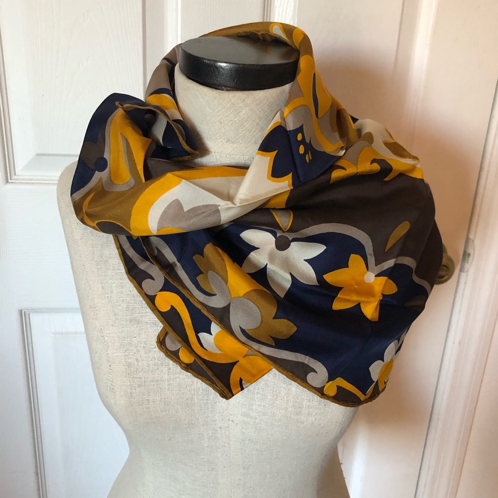 Vintage Navy and Gold Silk Scarf